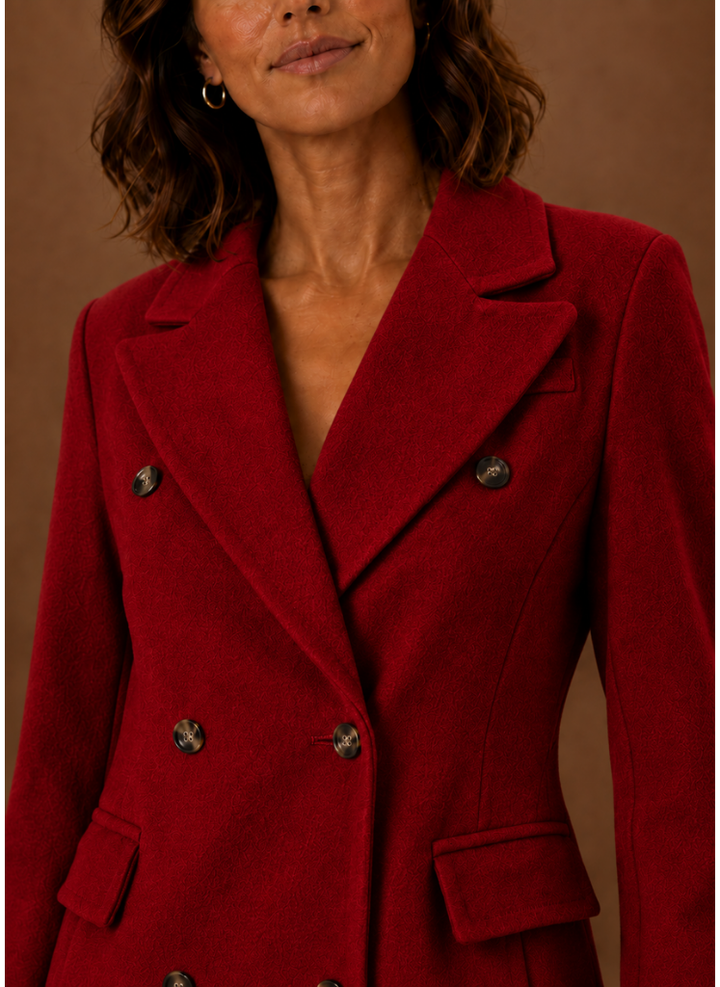 Beigefarbener Damen Zweireiher Mantel lang, ideal als Übergangsmantel für Herbstmode.