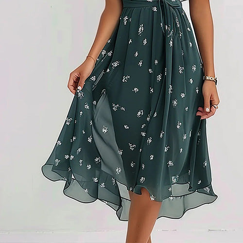 Modisches grünes Midikleid für Damen. A-Linie mit V-Ausschnitt und Kurzarm, vielseitig für Frühling & Sommer.