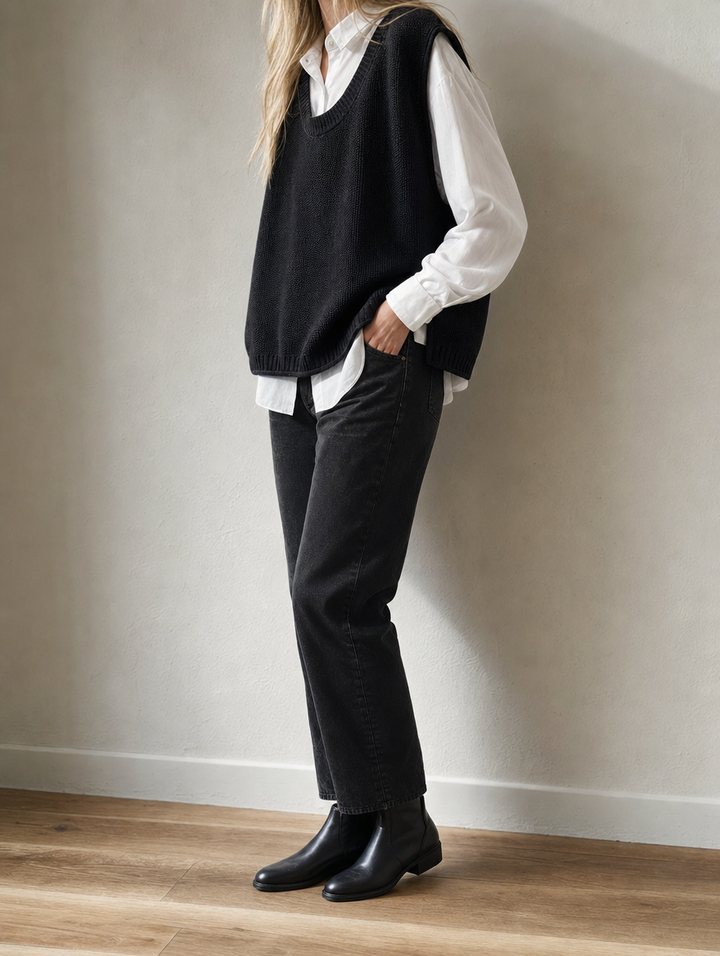 Modische Damen Rundhals Strickweste im Oversize-Schnitt für vielseitige Lagenlooks. Elegant & komfortabel.