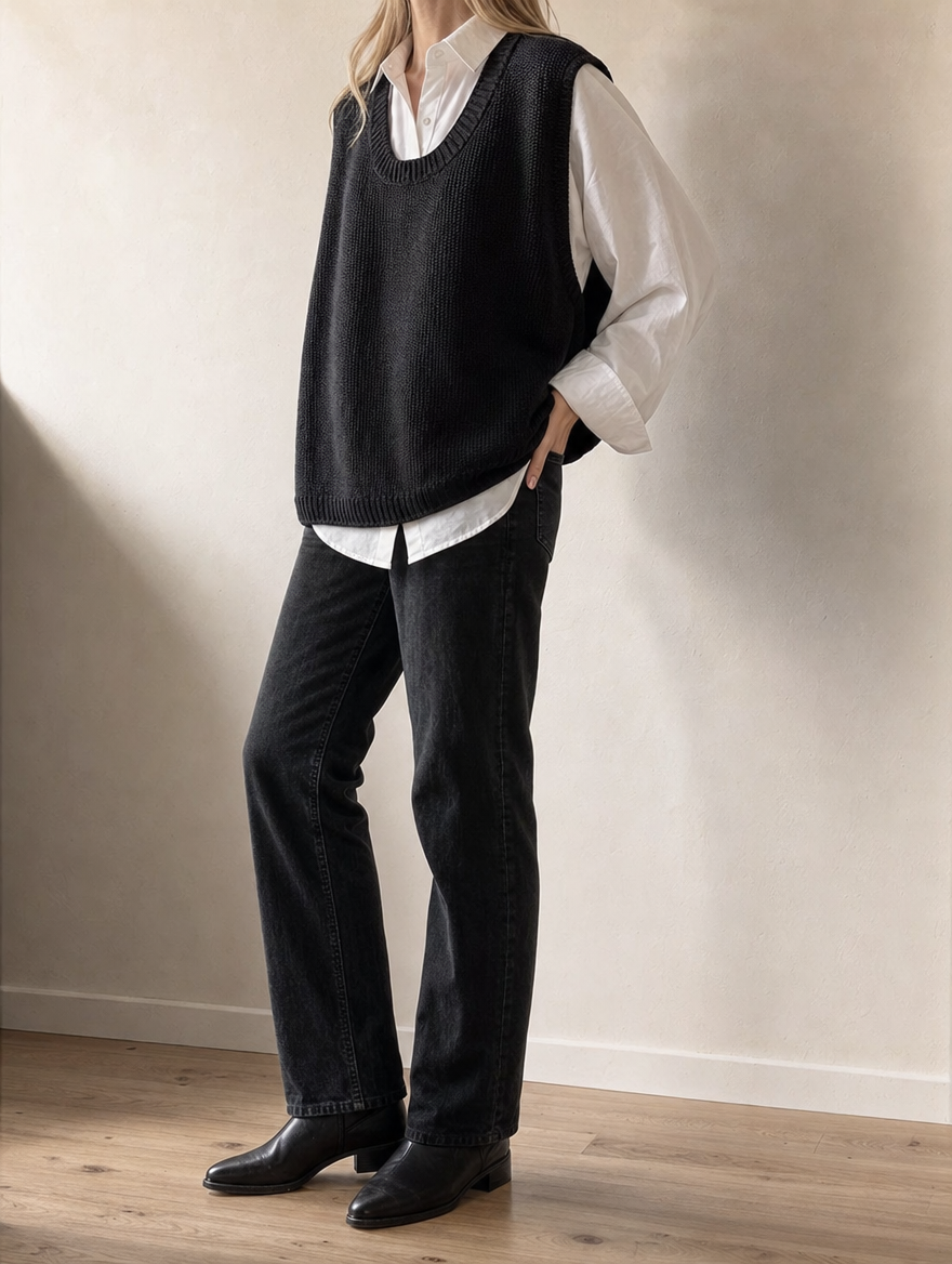 Vielseitige Damen Strickweste Rundhals Oversize, perfekt für casual oder elegante Outfits. Trendige Mode.