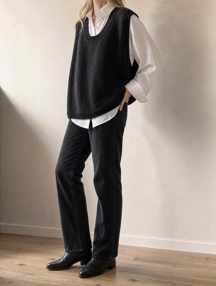 Vielseitige Damen Strickweste Rundhals Oversize, perfekt für casual oder elegante Outfits. Trendige Mode.
