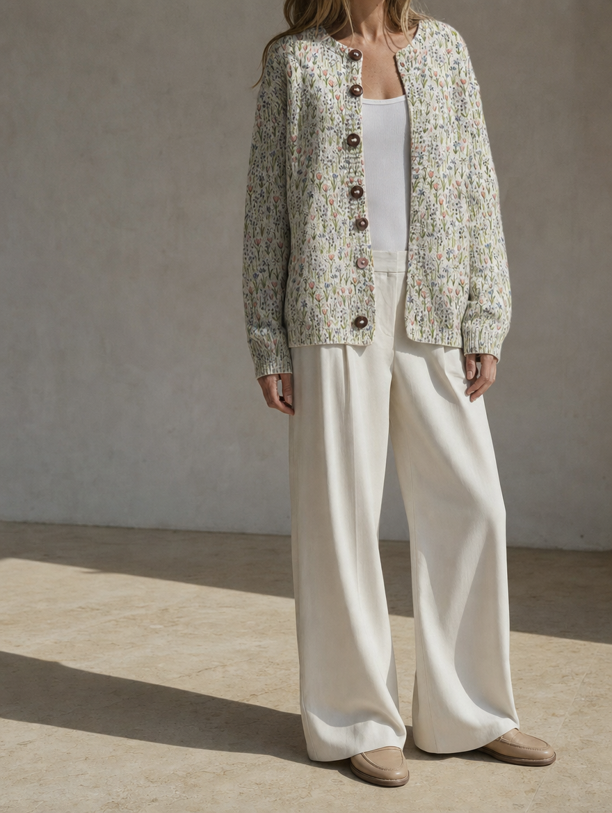 Gemütlicher Damen Cardigan mit floralem Print, ideal als vielseitige Übergangsjacke für stilvolle Sommerlooks.
