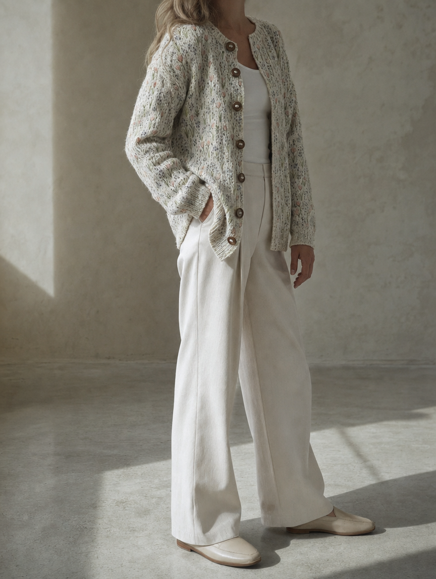 Modische Damen Strickjacke mit farbenfrohem Blumenmuster, ein gemütlicher Cardigan für feminine Frühlings-Outfits.