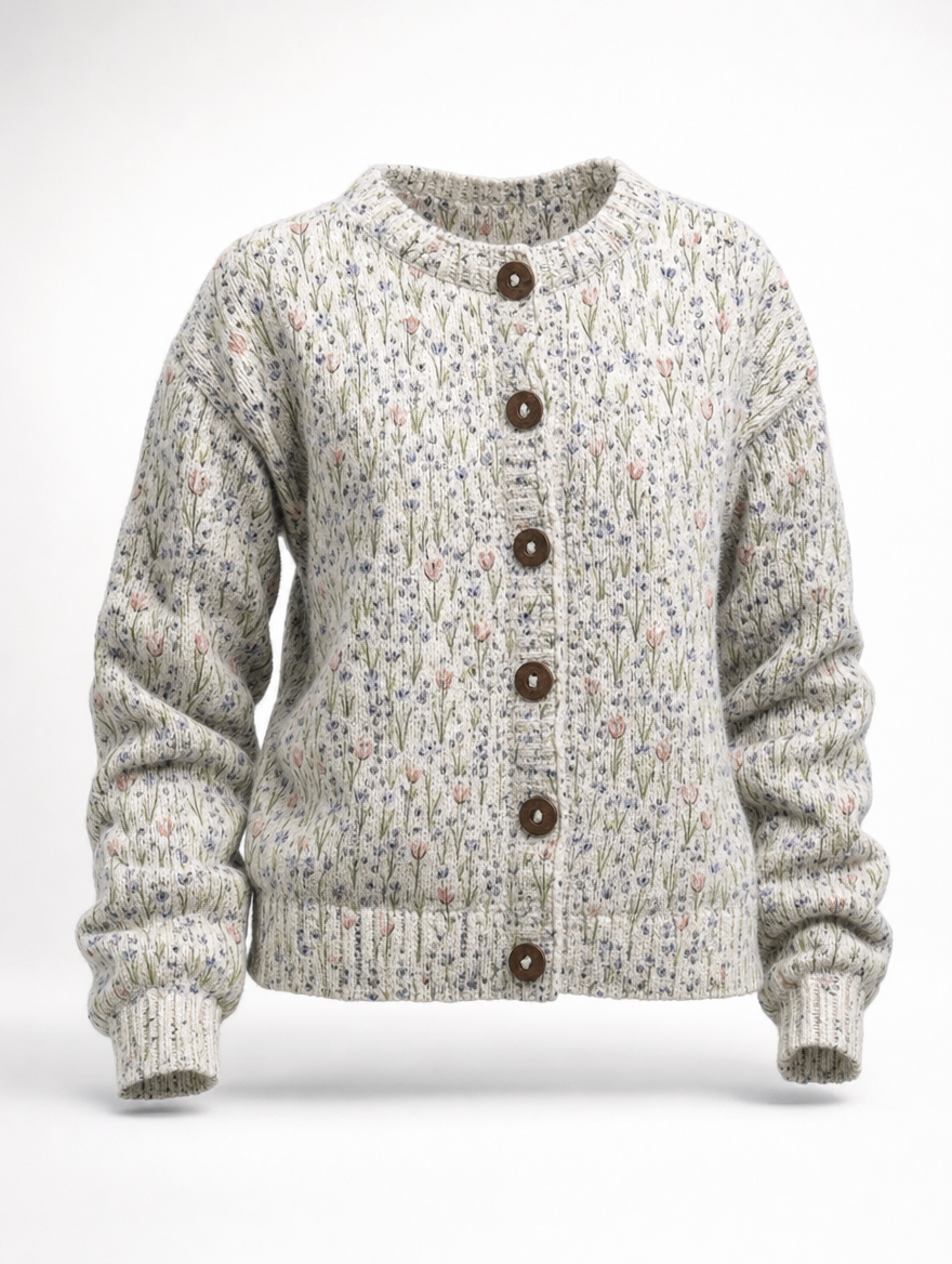 Damen Strickjacke mit stilvollem Blumenmuster, perfekt für gemütliche Frühlingstage und Übergangszeiten.