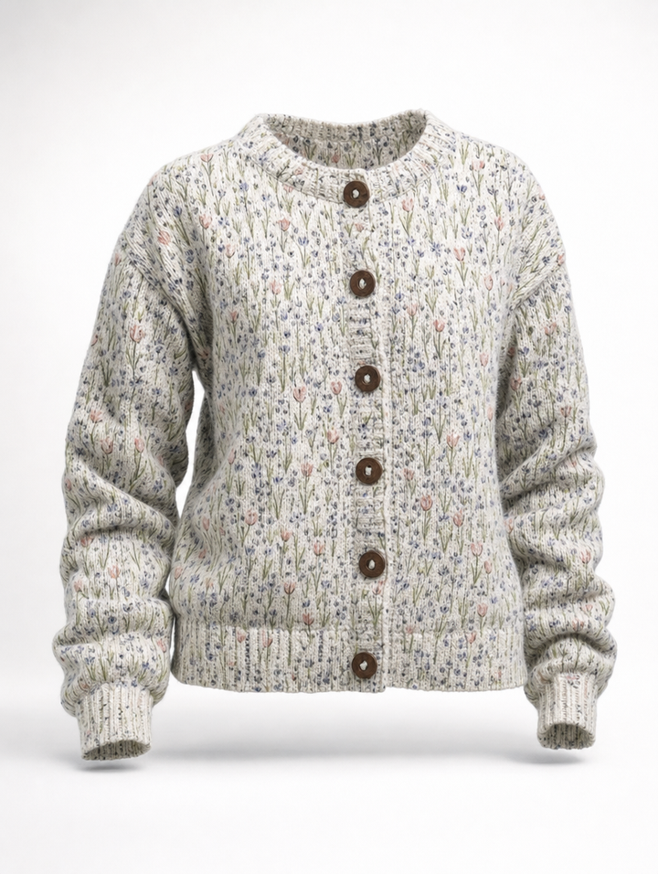 Damen Strickjacke mit stilvollem Blumenmuster, perfekt für gemütliche Frühlingstage und Übergangszeiten.
