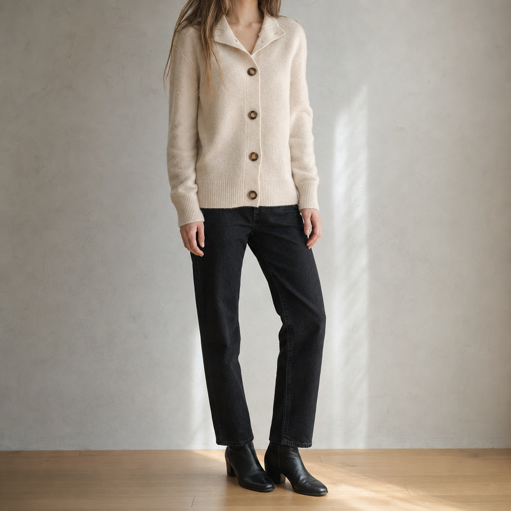 Gemütlicher, langärmliger Damen Cardigan mit Knöpfen, ideal für kalte Tage und entspannte Freizeit.