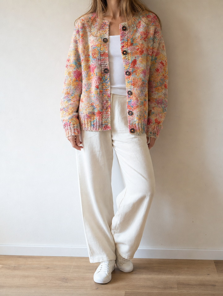 Eleganter Damen Cardigan mit floralem Muster, vielseitig kombinierbar für lässige oder schicke Outfits.