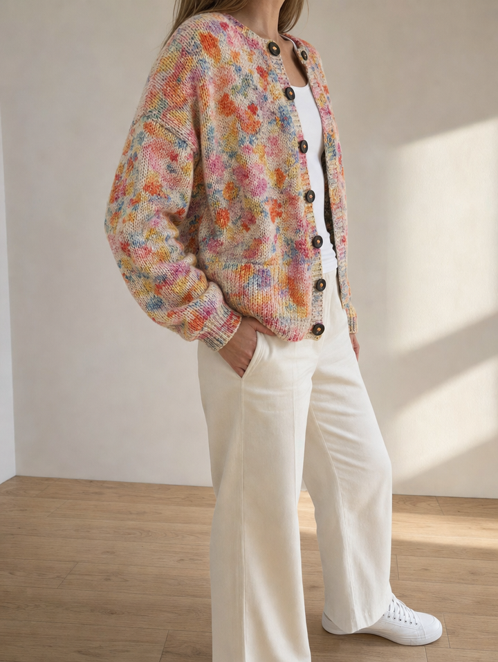 Modische Damen Strickjacke mit Blumenprint, perfekt zum Layering. Bequemer Langarm-Cardigan für Frühling.