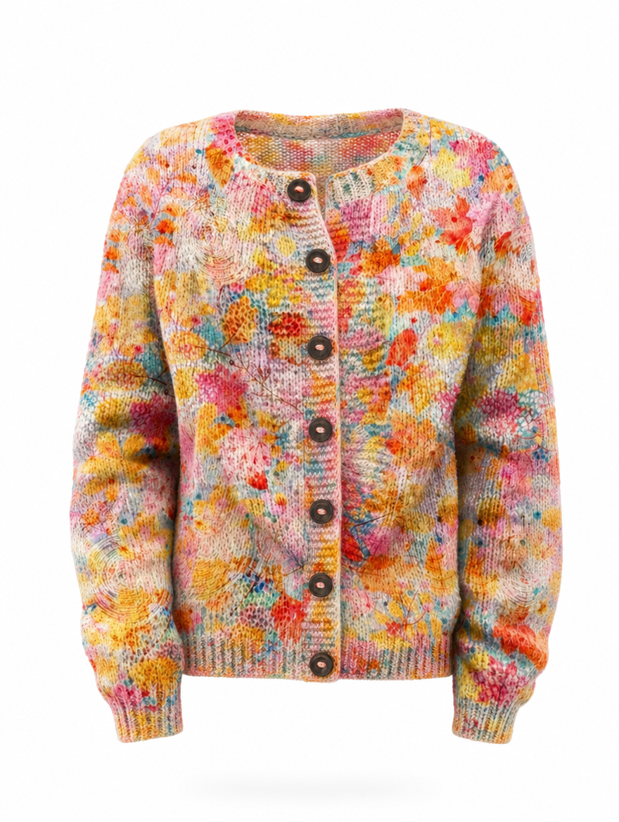 Damen Strickjacke mit zartem Blumenmuster, Langarm und Knopfleiste. Ideal für Frühling und Sommer.