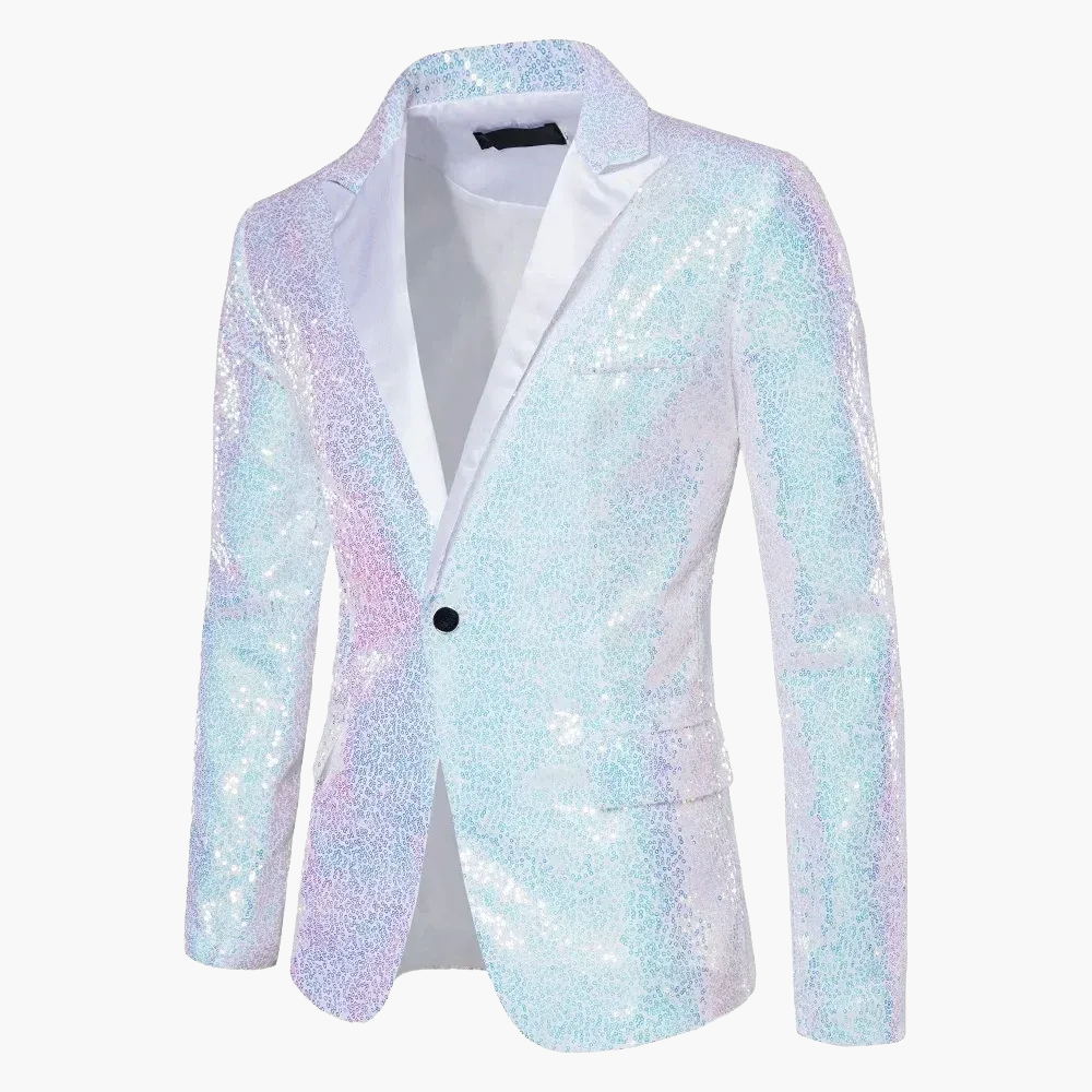 Revers Detail des Herren Pailletten Sakkos, eleganter schwarzer Glitzerakzent am Smoking Blazer.
