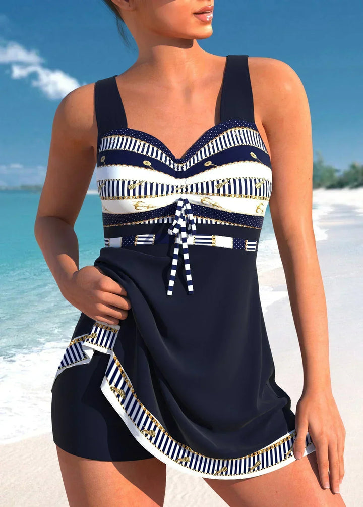 Frauen Tankini Badekleid im maritimen Look, bequem für Pool und Meer, ideal für entspannten Urlaub.