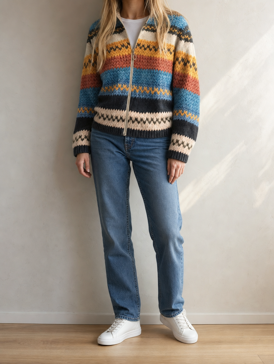 Buntgestreifte Damenstrickjacke mit Reißverschluss. Lockere Strickjacke für Frühling & Herbst. Gemütliche Freizeitmode.