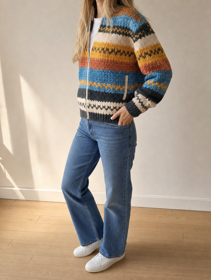 Gemütliche Damen Strickjacke mit buntem Zickzackmuster und Reißverschluss. Modische Freizeitkleidung für jeden Tag.