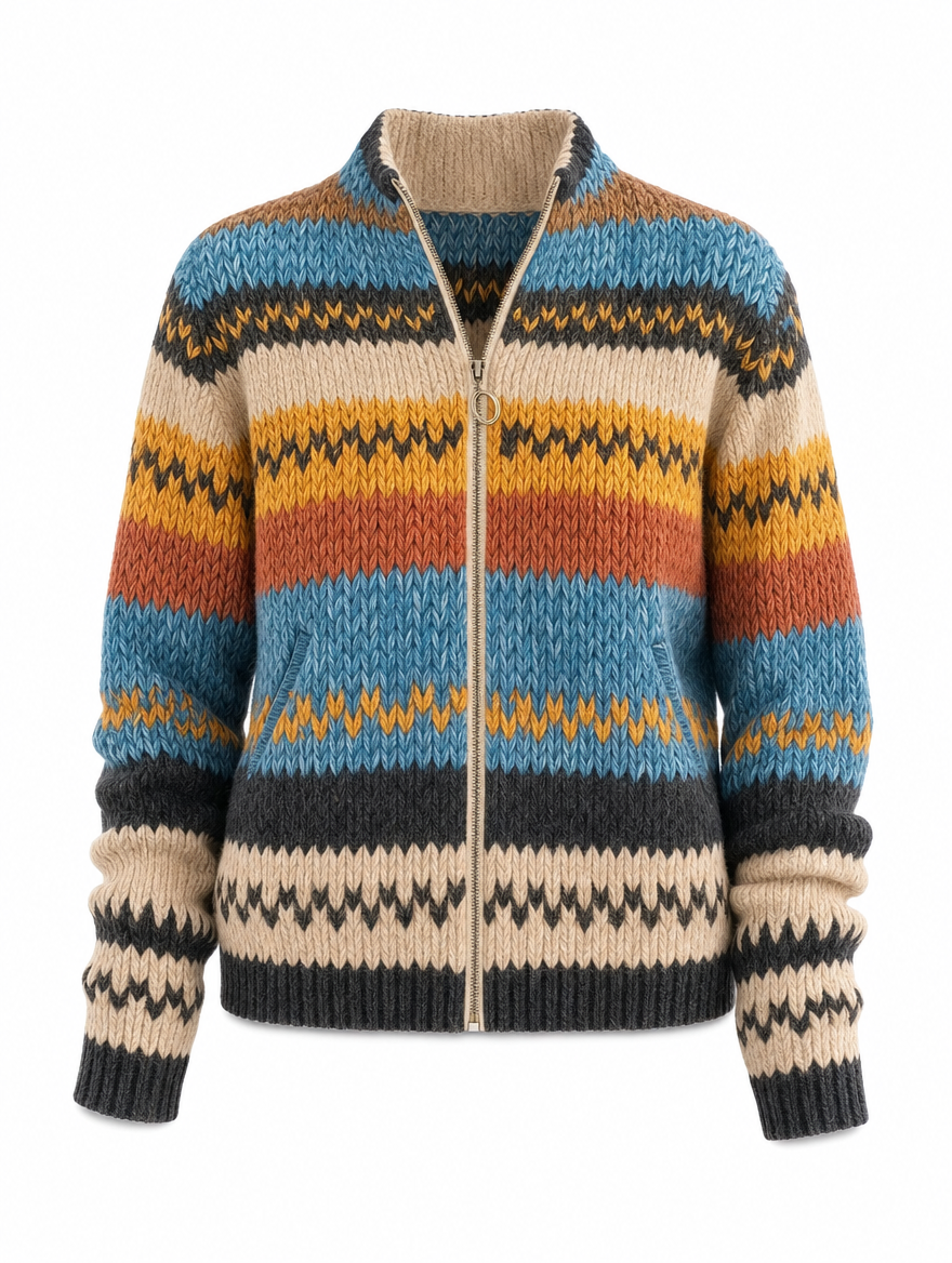 Damen Strickjacke buntgestreift mit Reißverschluss. Gemütlicher Cardigan im Zickzackmuster, ideal für Freizeit & Alltag.