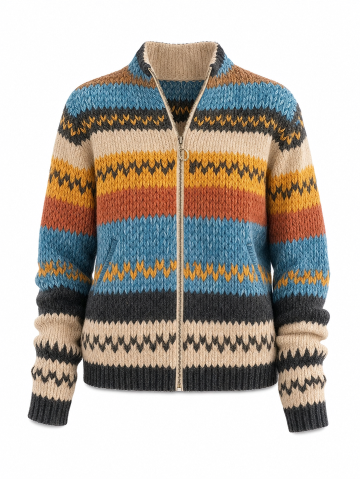 Damen Strickjacke buntgestreift mit Reißverschluss. Gemütlicher Cardigan im Zickzackmuster, ideal für Freizeit & Alltag.