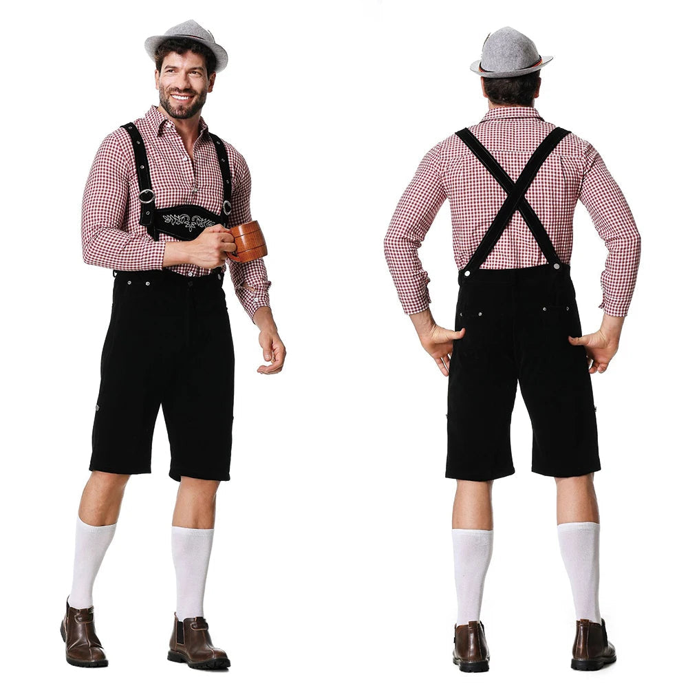 Hochwertiges Herren Trachten-Set für Oktoberfest: Lederhose, Hemd & Krawatte. Traditionelles bayerisches Männer Outfit.