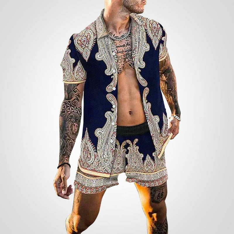 Stofftextur des Ruben Herren Zweiteiler Sets mit modernem Print. Weich und bequem für heiße Sommertage.