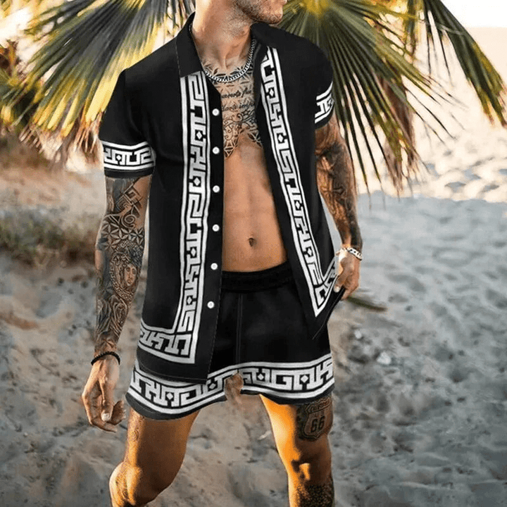Herren Sommer Set Malik mit stilvollem Patchwork-Print, Kurzarm-Shirt und Shorts für Freizeit.