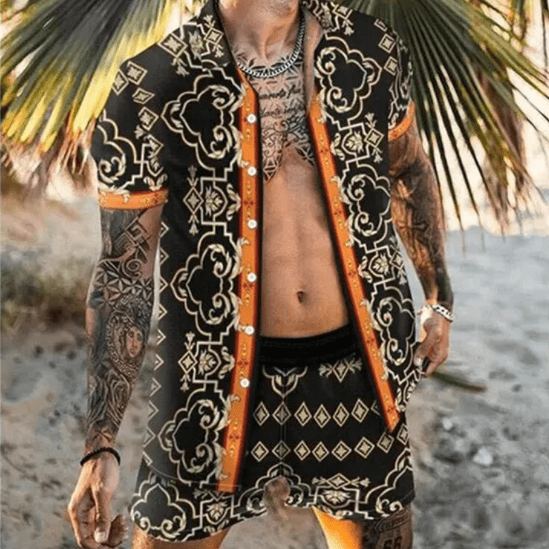 Lässiges Herren Kurzarm-Set Malik mit Patchwork-Design, perfekt für warme Sommertage.