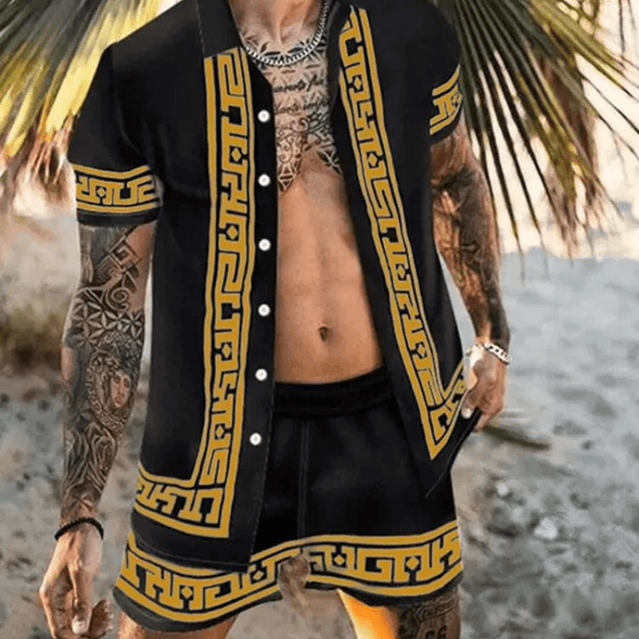 Herren Malik Set für den Sommer, mit Patchwork-Print Shirt und passenden Shorts.