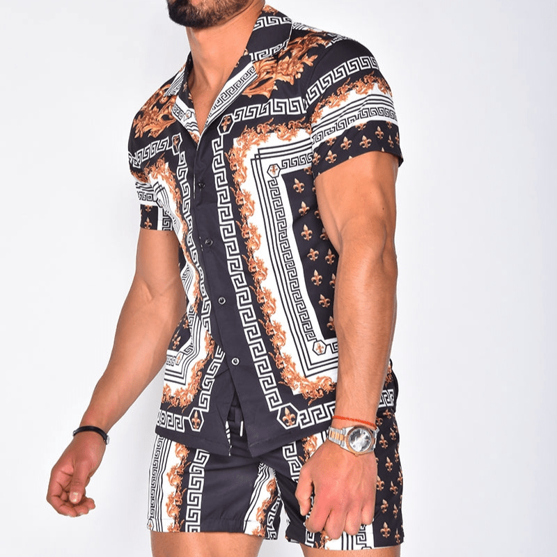 Herren Strand- und Freizeit-Set Malik mit coolem Patchwork-Muster; Kurzarm und Shorts.