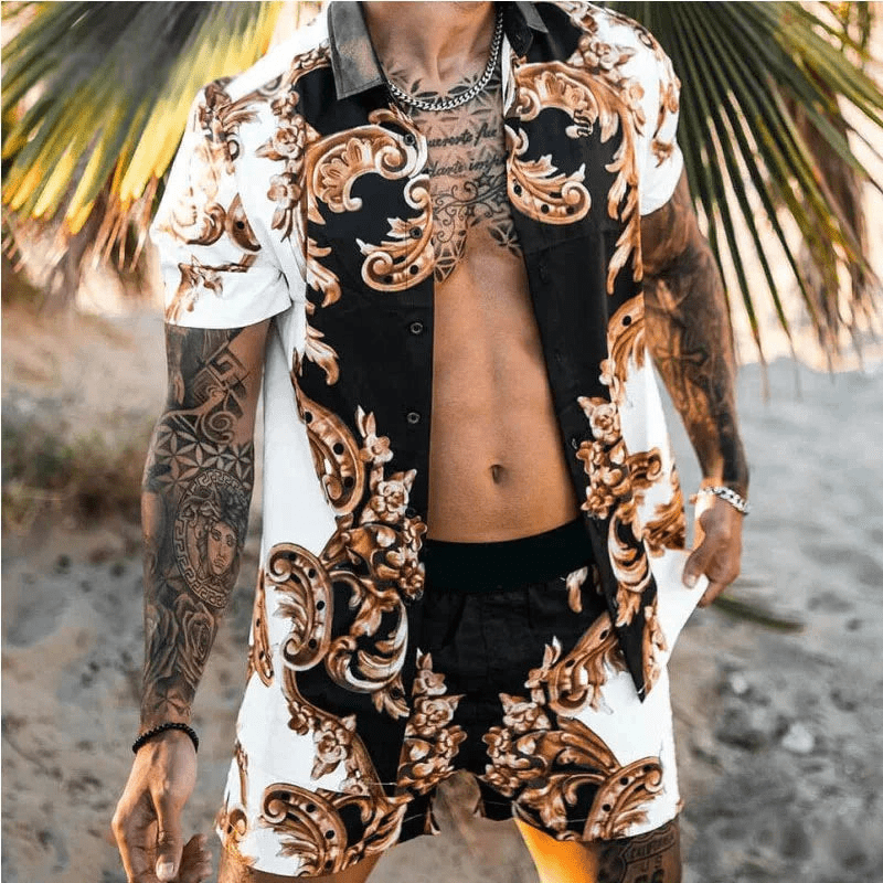 Bequemer Herren Zweiteiler Malik mit modernem Patchwork-Muster, ideal für Strand und Urlaub.