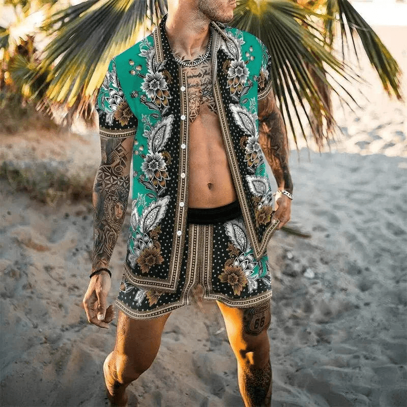 Herren Urlaub Set Malik mit lebhaftem Patchwork-Muster, bequeme Shorts und Kurzarm-Shirt.
