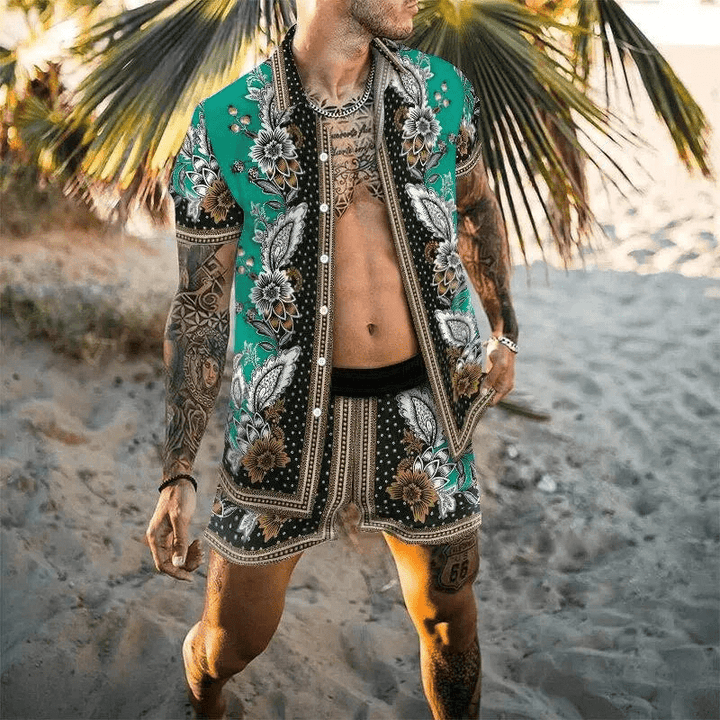 Herren Urlaub Set Malik mit lebhaftem Patchwork-Muster, bequeme Shorts und Kurzarm-Shirt.