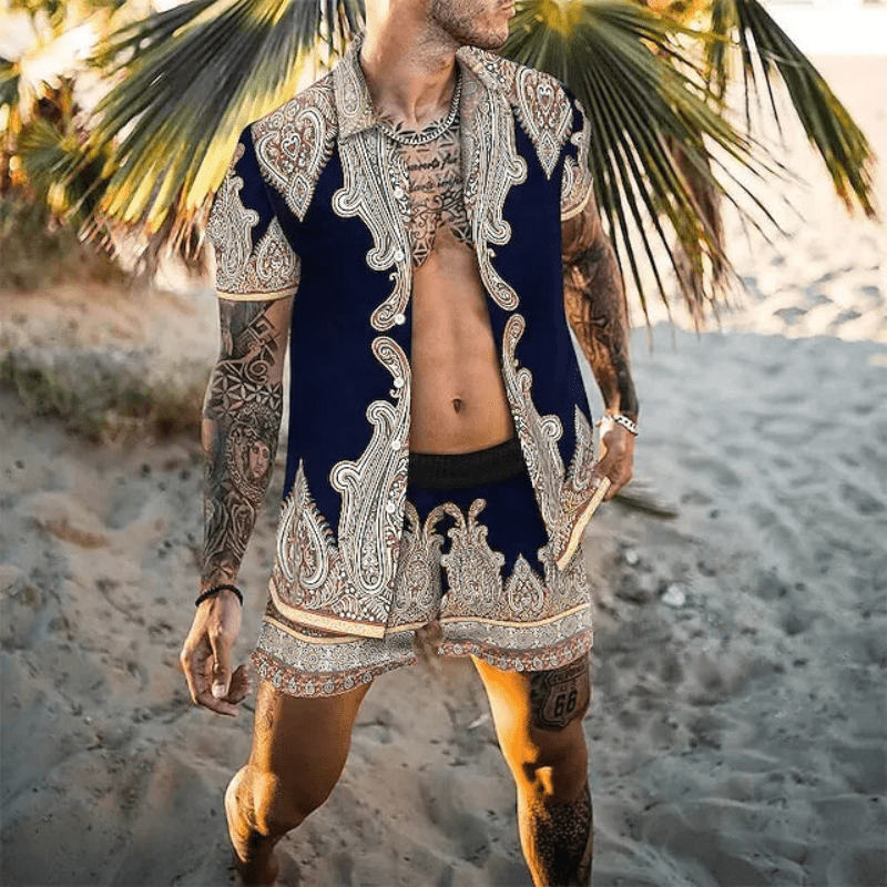 Modernes Herren Sommer Outfit Malik, Zweiteiler mit auffälligem Patchwork-Print.