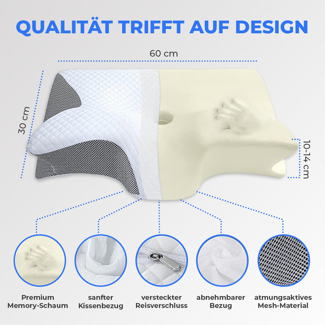 Weißes ergonomisches Nackenkissen auf einem Bett, für gesunden Schlafkomfort bei Rückenschläfern.