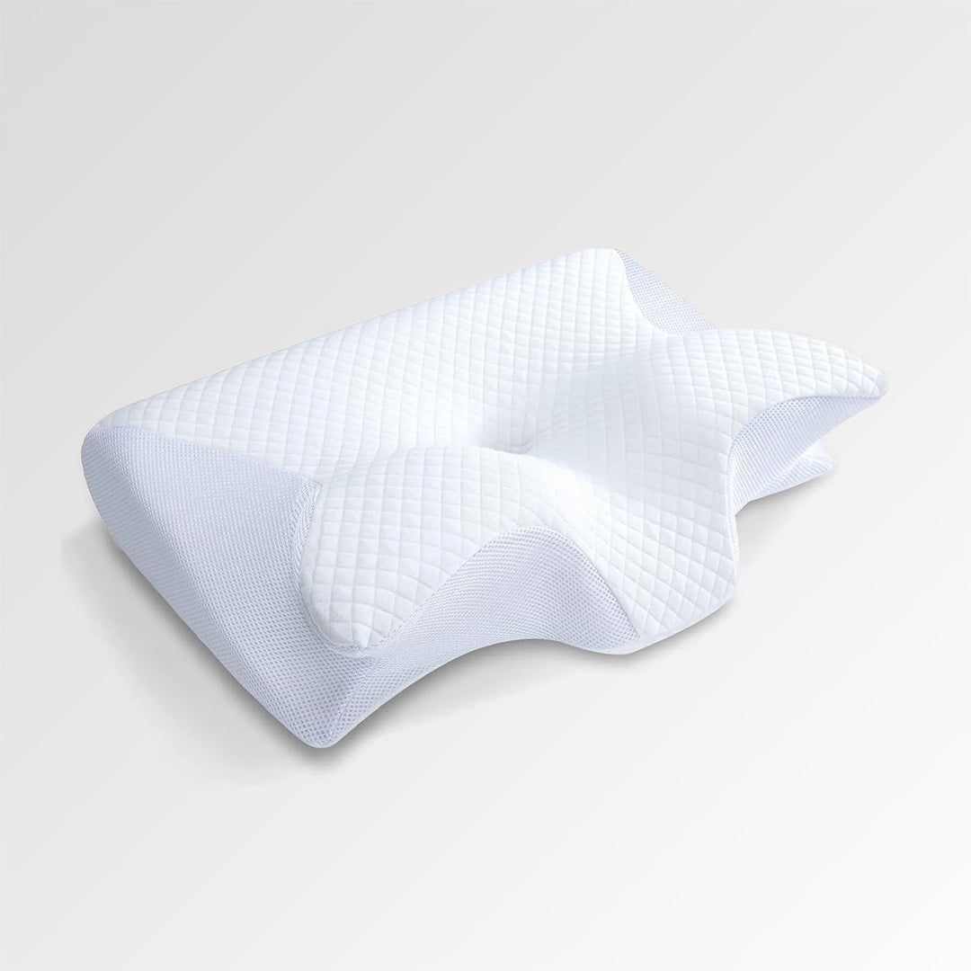 Detailansicht des ergonomischen Nackenkissens aus atmungsaktivem Memory-Schaum mit Lyocell-Bezug.